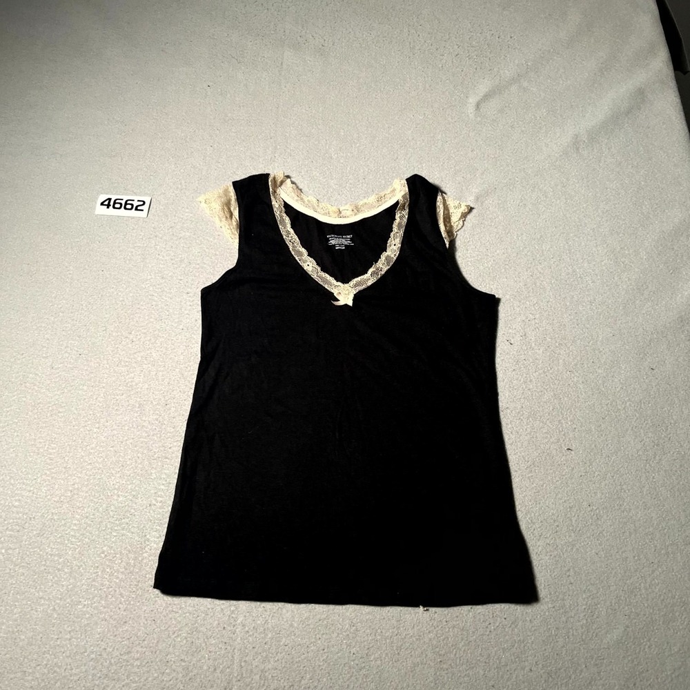 Victoria's Secret Tank Top Women M Black Stretch Lace Trim V Neck Cap Sleeve